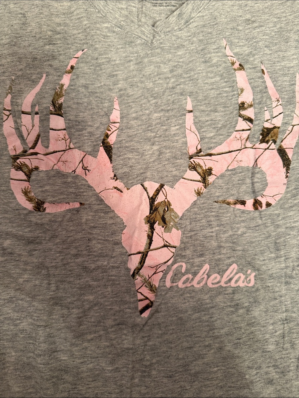 Cabela's Gray V-Neck Tee with Pink Camo Antler Graphic